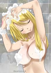 Rule 34 | 1girl, absurdres, artist name, blonde hair, blush, breasts, closed mouth, closed eyes, fairy tail, female focus, gaston18, highres, large breasts, long hair, lucy heartfilia, shower, solo, tattoo, water