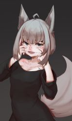 Rule 34 | 1girl, ahoge, animal ears, dress, facial tattoo, finger tattoo, fingers to cheeks, highres, long shirt, neck tattoo, snow sos, solo, sweater, sweater dress, tail, tattoo, topdylan, white hair