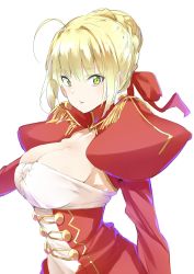 Rule 34 | 10s, 1girl, ahoge, bebebe (pepegakii), blonde hair, braid, breasts, cleavage, commentary request, epaulettes, fate/extra, fate (series), from side, green eyes, hair between eyes, hair bun, hair intakes, hair ribbon, highres, juliet sleeves, large breasts, long sleeves, looking at viewer, nero claudius (fate), nero claudius (fate) (all), nero claudius (fate/extra), parted lips, puffy sleeves, red ribbon, ribbon, short hair with long locks, simple background, single hair bun, solo, upper body, white background