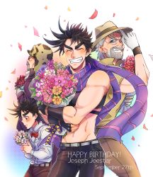 Rule 34 | 4boys, abs, aged down, aged up, battle tendency, beard, bomber hat, bouquet, brown hair, child, confetti, crop top, diamond wa kudakenai, facial hair, fedora, flower, gloves, grey hair, grin, groin, happy birthday, hat, highres, jojo no kimyou na bouken, joseph joestar, joseph joestar (old), joseph joestar (young), male focus, mdriff, multiple boys, old, old man, purple scarf, ribbon, scarf, smile, stardust crusaders, striped clothes, striped scarf, sunabu, triangle print, white gloves