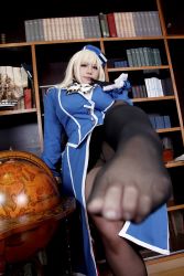 Rule 34 | 1girl, asian, atago (kancolle), atago (kancolle) (cosplay), black footwear, black gloves, blonde hair, blue hat, breasts, brown eyes, chouzuki maryou, cosplay, gloves, hat, highres, kantai collection, large breasts, looking at viewer, military, military uniform, pantyhose, personification, photo (medium), plump, shoes, solo, uniform