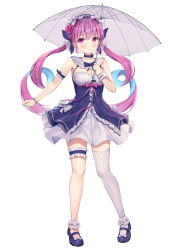 Rule 34 | 1girl, absurdres, blue footwear, blue hair, blush, breasts, cleavage, closed mouth, collarbone, colored inner hair, expressionless, full body, high heels, highres, hokori sakuni, holding, holding umbrella, hololive, large breasts, long hair, looking at viewer, minato aqua, multicolored hair, nail polish, purple eyes, purple hair, simple background, single thighhigh, solo, streaked hair, thighhighs, twintails, umbrella, virtual youtuber, white background, white thighhighs
