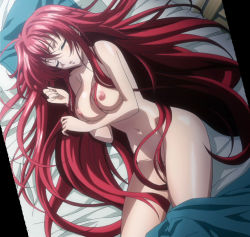 Rule 34 | 10s, 1girl, breasts, closed eyes, high school dxd, highres, large breasts, long hair, lying, nipples, nude, red hair, rias gremory, sleeping, solo, stitched, third-party edit, very long hair