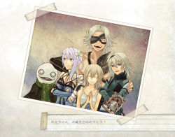 Rule 34 | 2girls, 3boys, bandages, blonde hair, blue eyes, book, braid, brother and sister, crossed arms, detached sleeves, dress, dual persona, emil (nier), eyepatch, closed eyes, father and daughter, flower, grimoire weiss, hair ornament, happy, kaine (nier), lingerie, long hair, multiple boys, multiple girls, negligee, nier, nier (character), nier (series), nier (brother), open mouth, photo (object), purple eyes, short hair, siblings, silver hair, twilightend, underwear, yonah