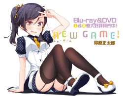 Rule 34 | 1girl, :d, arm support, arm up, black hair, black thighhighs, bow, copyright name, footwear bow, full body, garter straps, hair between eyes, hair ornament, hair ribbon, highres, long hair, looking at viewer, narumi tsubame, necktie, new game!, open mouth, ribbon, shoes, short shorts, shorts, side ponytail, simple background, sitting, smile, solo, star (symbol), star print, thighhighs, tokunou shoutarou, v, white background, white footwear, white shorts, yellow bow, yellow eyes, yellow necktie, yellow ribbon
