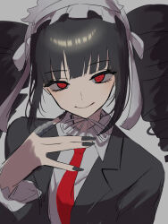 Rule 34 | 1girl, absurdres, black hair, black nails, bonnet, celestia ludenberg, claw ring, collared shirt, danganronpa: trigger happy havoc, danganronpa (series), drill hair, frills, gothic lolita, grey shirt, hand up, highres, jacket, lolita fashion, long hair, long sleeves, looking at viewer, nail polish, necktie, no earrings, red eyes, red necktie, shirt, smile, solo, tsukuno tsuki, twin drills, twintails, upper body