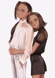 Rule 34 | 1boy, 1girl, black shirt, black shorts, brother and sister, brown hair, closed mouth, commentary request, dark-skinned female, dark-skinned male, dark skin, eyelashes, fingernails, frilled shirt collar, frills, hand in pocket, head on another&#039;s shoulder, head tilt, height difference, highres, hug, hug from behind, jamil viper, lace trim, light smile, lips, long hair, long sleeves, looking at viewer, original, own hands together, pants, puffy short sleeves, puffy sleeves, rokuta600, see-through, shirt, short hair, short sleeves, shorts, siblings, simple background, twins, twisted wonderland, white background, white pants, white shirt