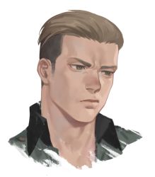 Rule 34 | 1boy, collared shirt, commentary request, cropped shoulders, frown, hair slicked back, lips, looking to the side, male focus, porco galliard, portrait, shingeki no kyojin, shirt, short hair, sideburns, solo, undercut, white background, zoo (oukakumaku)