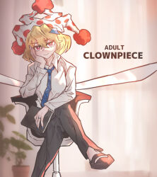 Rule 34 | 1girl, alternate costume, alternate hair length, alternate hairstyle, black footwear, black pants, blonde hair, blue necktie, bright pupils, chair, closed mouth, clownpiece, collared shirt, commentary request, crossed legs, english text, hand on own face, hat, jester cap, long sleeves, looking at viewer, necktie, pants, plant, polka dot headwear, potted plant, red eyes, senmura, shirt, sitting, smile, solo, touhou, white hat, white pupils, white shirt