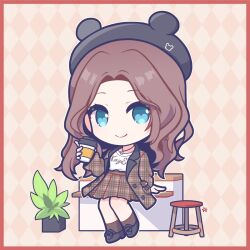 Rule 34 | 1girl, animal ears, animal hood, argyle, argyle background, argyle clothes, beret, black footwear, black hat, blue eyes, brown background, brown hair, brown jacket, brown skirt, brown socks, buerxiao, chibi, closed mouth, clothes writing, coffee cup, commentary request, cup, disposable cup, fake animal ears, forehead, hat, highres, holding, holding cup, hololive, hood, jacket, long sleeves, looking at viewer, natsuiro matsuri, open clothes, open jacket, parted bangs, plaid, plaid jacket, plaid skirt, plant, pleated skirt, potted plant, shirt, shoes, skirt, smile, socks, solo, stool, unmoving pattern, virtual youtuber, white shirt