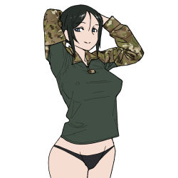 Rule 34 | 1girl, black hair, black panties, breasts, camouflage, camouflage shirt, chouno ami, closed mouth, covered erect nipples, cowboy shot, girls und panzer, green shirt, grey eyes, hands on own head, highres, large breasts, looking at viewer, medium hair, onsen tamago (hs egg), panties, shirt, simple background, smile, solo, underwear, white background