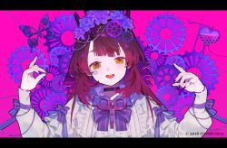 Rule 34 | 2016, choker, company name, copyright notice, flower, gears, hair flower, hair ornament, hands up, highres, hololive, jewelry, karo (karohroka), letterboxed, long hair, long sleeves, looking at viewer, nail polish, official art, open mouth, orange eyes, pink background, pink theme, purple nails, purple theme, red hair, ring, roboco-san, upper body, virtual youtuber