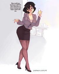 Rule 34 | 1girl, alcohol, black-framed eyewear, black hair, black skirt, breasts, brown pantyhose, champagne, champagne flute, cleavage, commentary, cup, drinking glass, drunk, earrings, english commentary, english text, eri (rtil), formal, full body, glasses, grey blazer, high heels, hoop earrings, jewelry, large breasts, looking at viewer, new year, office lady, original, pantyhose, pencil skirt, rtil, semi-rimless eyewear, short hair, skirt, skirt suit, solo, standing, suit, under-rim eyewear