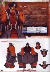 Rule 34 | 1boy, arc system works, armor, belt, black hair, blazblue, blazblue: calamity trigger, boots, character name, character profile, character sheet, colored skin, command input, cyborg, english text, fangs, from behind, gauntlets, glasses, highres, iron tager, male focus, mori toshimichi, multicolored hair, multiple views, muscular, official art, profile, red skin, scan, short hair, sideburns, standing, stats, sunglasses, turnaround, two-tone hair, white hair, zipper