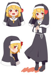 Rule 34 | 1girl, :d, absurdres, black dress, black footwear, black headwear, blonde hair, blush, boots, closed mouth, commentary, cross, cross-laced footwear, cross necklace, dress, full body, habit, hair ribbon, highres, jewelry, long dress, long sleeves, looking at viewer, looking to the side, multiple views, necklace, nihohohi, nun, open mouth, own hands together, red eyes, red ribbon, ribbon, rumia, short hair, simple background, smile, standing, teeth, touhou, traditional nun, turtleneck, upper teeth only, v-shaped eyebrows, white background