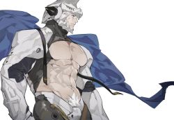 Rule 34 | 1boy, abs, bara, bare pectorals, blue cape, cape, character request, commentary request, copyright request, cropped shirt, cross print, crotch plate, facial scar, feet out of frame, from side, helmet, highres, huan shi tian tong, large pectorals, looking to the side, male focus, male pubic hair, mature male, muscular, muscular male, navel, navel hair, necktie, no nipples, pectorals, pubic hair, pubic hair peek, revealing clothes, scar, scar on cheek, scar on face, short hair, sideburns, solo, stomach, undone necktie, white background, white hair, wind