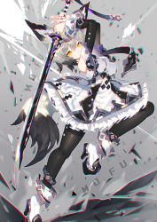 Rule 34 | 1girl, animal ear fluff, animal ears, arms up, bare shoulders, black hair, black pantyhose, boots, breasts, commentary request, detached sleeves, dress, fox ears, fox girl, fox tail, gradient hair, hair between eyes, high heel boots, high heels, holding, holding sword, holding weapon, large breasts, long sleeves, looking at viewer, mamuru, multicolored hair, orange eyes, original, pantyhose, silver hair, sleeveless, sleeveless dress, solo, standing, standing on one leg, sword, tail, thick eyebrows, weapon, white dress, white footwear, wolf ears, wolf tail