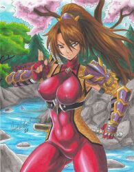 Rule 34 | 1girl, 2020, abs, angry, bodysuit, breasts, brown eyes, brown hair, cherry blossoms, covered abs, covered erect nipples, covered navel, fingerless gloves, forest, frown, gloves, highres, holding, holding weapon, large breasts, long hair, nature, ninja, outdoors, ponytail, ravernclouk design, red bodysuit, river, solo, soul calibur, taki (soulcalibur), tight clothes, traditional media, weapon