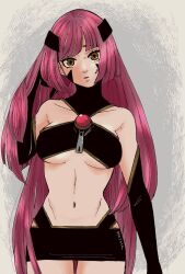 Rule 34 | 1girl, arc the lad, black gloves, breasts, brown eyes, collar, gloves, highres, long hair, looking at viewer, marusa (marugorikun), medium breasts, navel, red hair, skirt, solo, trois (arc the lad), zipper pull tab