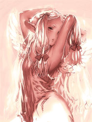 Rule 34 | angel, angel wings, arms up, blonde hair, bow, hair bow, hair ribbon, long hair, pointy ears, ribbon, sketch, tako (pixiv8535), wings, armpits, elf
