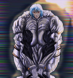 Rule 34 | 1girl, ayanami rei, bodysuit, breast press, breasts, exercising, extreme muscles, female focus, muscular, neon genesis evangelion, own hands together, plugsuit, solo, veins, weights