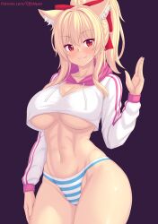 Rule 34 | 1girl, animal ear fluff, animal ears, arm at side, blonde hair, blush, breasts, cat ears, cat girl, cleavage, closed mouth, commentary, cropped hoodie, english commentary, hand up, highres, hood, hoodie, large breasts, long hair, long sleeves, looking at viewer, navel, no pants, nottytiffy, obliques, original, panties, patreon username, ponytail, purple background, red eyes, simple background, smile, solo, stomach, striped clothes, striped panties, tiffy (nottytiffy), underboob, underwear