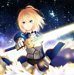 Rule 34 | 1girl, absurdres, armor, artoria pendragon (all), artoria pendragon (fate), blonde hair, dress, excalibur (fate/stay night), fate/zero, fate (series), galaxy, green eyes, has bad revision, has downscaled revision, highres, kujou ichiso, md5 mismatch, resolution mismatch, saber (fate), short hair, sky, solo, source smaller, star (sky), starry sky, sword, weapon