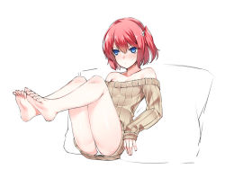 Rule 34 | 1girl, bad id, bad pixiv id, bare shoulders, barefoot, blue eyes, blush, collarbone, feet, feet together, full body, legs up, off-shoulder, off-shoulder sweater, off shoulder, panties, pillow, red hair, ribbed sweater, short hair, simple background, soles, solo, sweater, tama (tamatamo), thighs, toes, underwear, white background