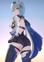 Rule 34 | 1girl, artist request, ass, bare shoulders, blue hair, blush, breasts, cape, eula (genshin impact), from behind, genshin impact, gloves, hairband, half-closed eyes, highres, leotard, long hair, looking at viewer, looking back, short shorts, shorts, sideboob, solo, thighhighs, thighs, yellow eyes