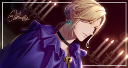 Rule 34 | 13 (bbr584607091), 1boy, blonde hair, brooch, candle, commentary, dutch angle, english text, gradient hair, hair bun, highres, jewelry, light smile, looking at viewer, male focus, multicolored hair, parted bangs, purple hair, purple robe, robe, sidelocks, solo, symbol-only commentary, twisted wonderland, upper body, vil schoenheit, yellow eyes