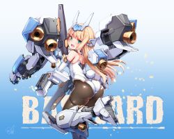 Rule 34 | 1girl, ass, baselard, blonde hair, blue eyes, blush, commentary request, doyouwantto, dual wielding, elbow gloves, frame arms girl, from behind, gloves, gold trim, gradient background, gun, headgear, high heels, holding, holding gun, holding weapon, leotard, long hair, looking at viewer, looking back, mecha musume, pantyhose, rabbit tail, shiny clothes, shiny skin, solo, tail, thigh gap, weapon, white gloves, white leotard, yellow eyes