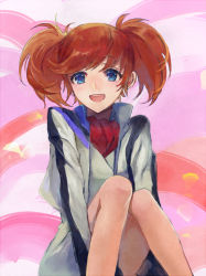 Rule 34 | 10s, 1girl, :d, blue eyes, cropped jacket, jacket, karimero (calimer0), mikagami mimika, open mouth, pink background, red hair, short hair, short twintails, sitting, skirt, smile, solo, soukyuu no fafner, twintails, uniform