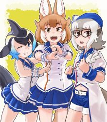 Rule 34 | 3girls, absurdres, alternate costume, animal ears, bare legs, black hair, blonde hair, blowhole, blue hair, blue shorts, blue skirt, blush, brown eyes, cetacean tail, coat, coattails, common dolphin (kemono friends), cowboy shot, dhole (kemono friends), dog ears, dog girl, dog tail, dolphin girl, dorsal fin, fins, fish tail, frilled skirt, frills, glasses, grey hair, highres, kemono friends, light brown hair, looking at viewer, matching outfits, meerkat (kemono friends), meerkat ears, meerkat tail, midriff peek, multicolored hair, multiple girls, navel, open mouth, pleated skirt, pointer, puffy short sleeves, puffy sleeves, shirt, short hair, short shorts, short sleeves, shorts, skirt, sleeve cuffs, sleeveless, smile, tail, toriny, two-tone hair, white coat, white hair, white shirt, white trim