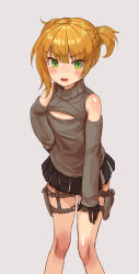 Rule 34 | 1girl, absurdres, ahoge, bad id, bad pixiv id, bare legs, bare shoulders, black gloves, bolbbangbbang, cleavage cutout, clothing cutout, commentary request, detached sleeves, girls&#039; frontline, gloves, highres, holster, leaning forward, legs apart, long sleeves, miniskirt, skirt, sleeves past wrists, solo, standing, thigh holster, v-shaped eyebrows, welrod mkii (girls&#039; frontline)
