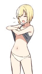 Rule 34 | 1girl, black tank top, blonde hair, blush, breasts, closed eyes, clothes lift, collarbone, erica hartmann, momiji7728, navel, no bra, no pants, open mouth, panties, shirt lift, short hair, simple background, small breasts, solo, standing, strike witches, tank top, tears, tongue, underboob, underwear, underwear only, undressing, white background, white panties, world witches series, yawning