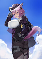Rule 34 | absurdres, animal ears, arknights, baggy clothes, baggy pants, breasts, chest strap, dur-nar (arknights), fox ears, fox tail, gloves, hat, highres, jacket, large breasts, pants, purple eyes, purple hair, tail