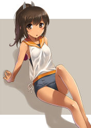 Rule 34 | 10s, 1girl, :o, arm support, bare shoulders, blush, brown eyes, brown hair, dark-skinned female, dark skin, i-401 (kancolle), kantai collection, katahira masashi, looking at viewer, one-piece swimsuit, outside border, personification, ponytail, sailor collar, school swimsuit, school uniform, shiny skin, short hair, solo, swimsuit, swimsuit under clothes