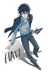 Rule 34 | 1boy, black eyes, black hair, closed mouth, grey pants, hatsu (tower of god), long hair, pants, shirt, simple background, smile, solo, sword, tower of god, weapon, white background, white shirt