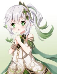 Rule 34 | 1girl, commentary request, detached sleeves, dress, genshin impact, gradient background, gradient hair, green eyes, hair between eyes, hair ornament, highres, koyuki (azumaya999), long hair, looking at viewer, multicolored hair, nahida (genshin impact), own hands together, parted lips, pointy ears, praying, short sleeves, side ponytail, sidelocks, simple background, solo, symbol-shaped pupils, white dress, white hair