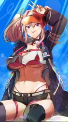 Rule 34 | 1girl, :p, arm up, azur lane, belt, bikini, bikini under clothes, black choker, black shorts, blue background, blue jacket, blue thighhighs, blush, breasts, bremerton (azur lane), buckle, choker, cleavage, commentary request, cowboy shot, crop top, crop top overhang, cutoffs, diffraction spikes, doodle, ear piercing, eyewear on head, fingernails, front-tie bikini top, front-tie top, glint, grey belt, grey hair, groin, hair between eyes, hair intakes, hair ornament, highleg, highleg bikini, highres, hood, hood down, hooded jacket, jacket, large breasts, lens flare, lifebuoy, light rays, long fingernails, long hair, long sleeves, looking at viewer, midriff, mole, mole on breast, mole under eye, multicolored hair, nail polish, navel, navel piercing, open clothes, open jacket, piercing, pink bikini, pink eyes, pink hair, pink nails, red-tinted eyewear, ru-ne, shadow, sharp fingernails, shirt, short shorts, shorts, side-tie bikini bottom, sidelocks, sitting, skindentation, smile, snap-fit buckle, solo, sparkle, streaked hair, sunbeam, sunglasses, sunglasses on head, sunlight, swim ring, swimsuit, thigh strap, thighhighs, tinted eyewear, tongue, tongue out, twintails, two-tone hair, two-tone legwear, two-tone shirt, underboob, v