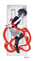 Rule 34 | 1boy, absurdres, arms behind back, black eyes, black hair, black thighhighs, brick st, closed mouth, colored skin, door, expressionless, from behind, highres, holding, holding knife, knife, looking at viewer, omori, omori (omori), short hair, solo, tank top, thighhighs, white skin