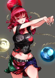 Rule 34 | 1girl, absurdres, belt, breasts, chain, cleavage, clothes lift, clothes writing, commentary request, cracking knuckles, detached sleeves, earth (ornament), frilled skirt, frills, grey background, half-closed eyes, hecatia lapislazuli, highres, hip focus, large breasts, midriff, miniskirt, moon (ornament), multicolored clothes, multicolored skirt, navel, navel piercing, one eye closed, open mouth, outstretched arms, piercing, raptor7, red eyes, red hair, short sleeves, skirt, thighs, touhou