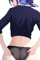 Rule 34 | 1girl, a-chan (2nd costume) (hololive), a-chan (hololive), adjusting clothes, adjusting panties, ass, black-framed eyewear, black panties, blue hair, blue shirt, cohi27151463, cropped shirt, from behind, hashtag-only commentary, hololive, midriff, panties, shirt, short hair, simple background, sleeves past elbows, solo, underwear, upper body, virtual youtuber, white background