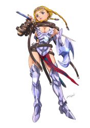 Rule 34 | 00s, 1girl, armor, blonde hair, blue eyes, braid, breastplate, breasts, buckle, cleavage, curvy, full body, gauntlets, hairband, headband, highres, hisayuki hirokazu, holding, holding sword, holding weapon, large breasts, leina (queen&#039;s blade), lips, looking at viewer, looking to the side, official art, queen&#039;s blade, revealing clothes, shield, shiny skin, side braid, solo, standing, sword, thong, twin braids, weapon, wide hips