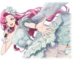 Rule 34 | 1girl, alpha transparency, artist request, bangle, blush, bracelet, breasts, code geass, code geass: lost stories, collarbone, dress, dutch angle, earrings, euphemia li britannia, female focus, flower, frilled dress, frills, game cg, hair flower, hair ornament, half-closed eyes, hand up, happy, highres, holding, holding microphone, jewelry, leg up, long hair, looking at viewer, medium breasts, microphone, music, non-web source, official art, open mouth, outstretched arm, pink hair, purple eyes, reaching, reaching towards viewer, scrunchie, see-through, see-through dress, shoes, short sleeves, sidelocks, simple background, singing, single bare shoulder, single sleeve, smile, solo, spread fingers, standing, standing on one leg, transparent background, unmoving pattern, white dress, white flower, white footwear, white scrunchie, wrist scrunchie