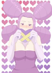 Rule 34 | 1girl, bad id, bad pixiv id, blush, breasts, cleavage, creatures (company), dress, elbow gloves, eyeshadow, fantina (pokemon), game freak, gift, gloves, gym leader, heart, holding, holding gift, jaga note, large breasts, makeup, nintendo, pokemon, purple eyes, purple hair, quad tails, solo