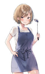 Rule 34 | 1girl, apron, collarbone, commentary request, cowboy shot, grin, hand on own hip, hand up, holding, holding ladle, ladle, looking at viewer, midorikawa you, original, shirt, short hair, short sleeves, sidelocks, simple background, smile, solo, standing, thighs, white background, white shirt