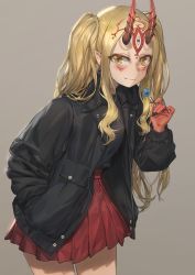 Rule 34 | 1girl, absurdres, black jacket, black shirt, blonde hair, blouse, blush, breasts, candy, casual, contemporary, cowboy shot, earrings, facial mark, fang, fang out, fate/grand order, fate (series), food, free style (yohan1754), highres, holding, holding food, horns, ibaraki douji (fate), jacket, jewelry, lollipop, long hair, looking at viewer, oni, oni horns, pleated skirt, pointy ears, red skirt, shirt, simple background, skirt, smile, solo, tattoo, two side up, wavy hair, yellow eyes