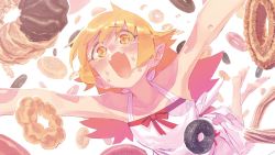 Rule 34 | 10s, 1girl, arms up, bare shoulders, barefoot, blonde hair, blush, chocolate doughnut, chomoran, collarbone, doughnut, dress, end card, eyeliner, eyes visible through hair, fangs, food, french cruller, happy, happy tears, highres, jumping, long hair, makeup, monogatari (series), nose blush, old-fashioned doughnut, open mouth, oshino shinobu, outstretched arms, owarimonogatari, pointy ears, pon de ring, red ribbon, ribbon, screencap, simple background, sleeveless, sleeveless dress, solo, spread arms, sundress, tareme, tears, wavy eyes, white background, white dress, yellow eyes