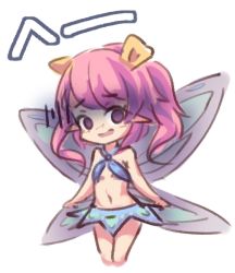 Rule 34 | 1girl, absurdres, chibi, commentary, empty eyes, english commentary, fairy, fairy wings, gloom (expression), highres, koagzero, long hair, looking at viewer, pink hair, pointy ears, purple eyes, rabi-ribi, ribbon (rabi-ribi), simple background, solo, twintails, white background, wings